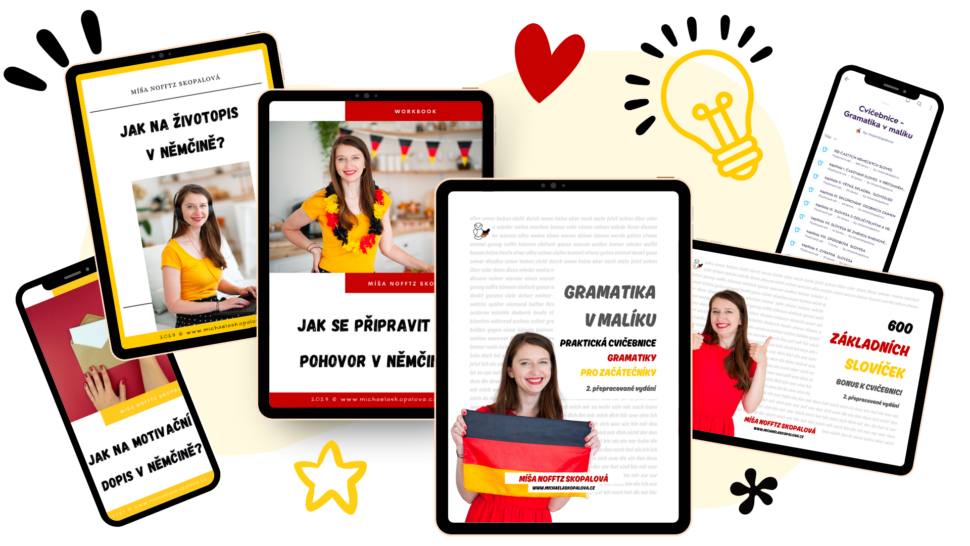 e-Booky a&nbsp;online cvičebnice němčiny lektorky a&nbsp;učitelky němčiny Michaely Nofftz Skopalové. Na&nbsp;tabletu a&nbsp;mobilu jsou zde ukázány ebooky Cvičebnice Němčina v&nbsp;malíku pro&nbsp;začátečníky s&nbsp;bonusy, Jak se připravit na&nbsp;pohovor v&nbsp;němčině, Jak na&nbsp;životopis v&nbsp;němčině, Jak na&nbsp;motivační dopis v&nbsp;němčině.