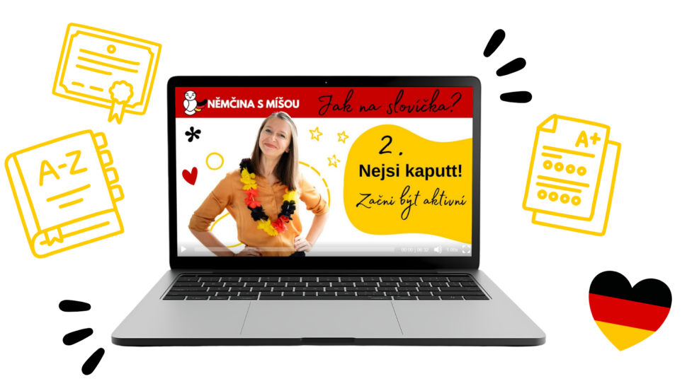 Lektorka a&nbsp;učitelka němčiny Michaela Nofftz Skopalová je na&nbsp;obrazovce notebooku při výuce němčiny. Ukázka je z&nbsp;online kurzu Jak na&nbsp;slovíčka.
